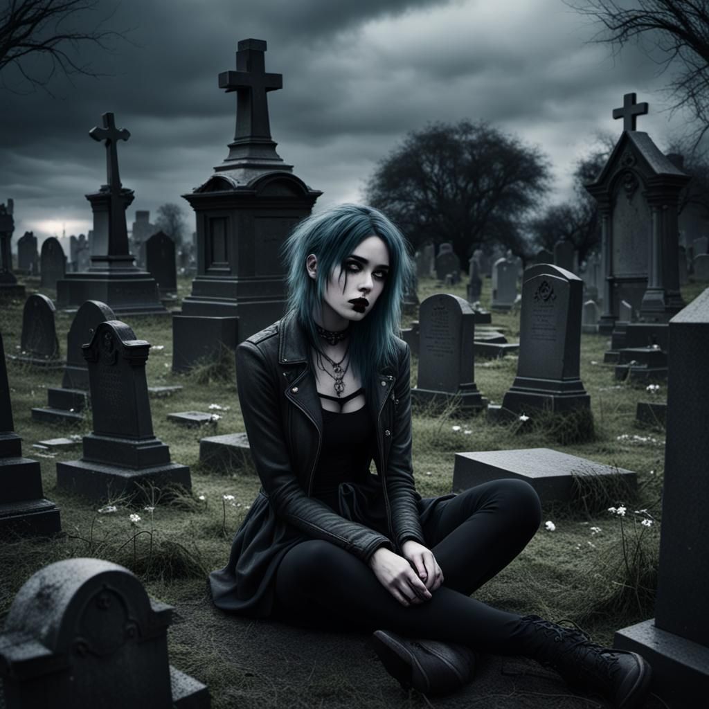 Emo Girl in Gloomy Graveyard Scene