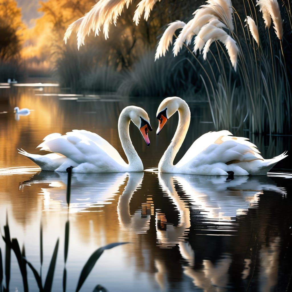 Elegant Swans Form Heart Shape on Reflective Lake