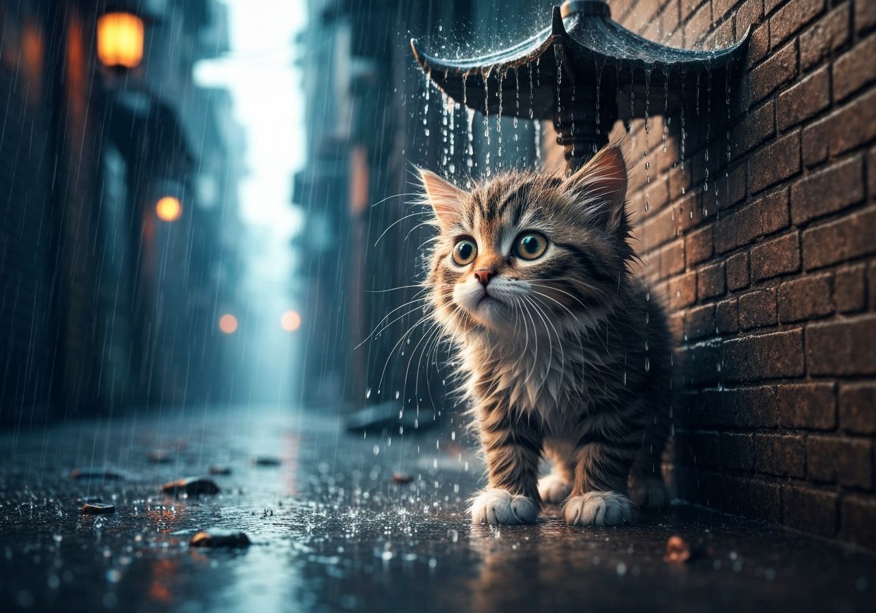 Wet Kitten Seeks Shelter Under Pagoda in Downpour