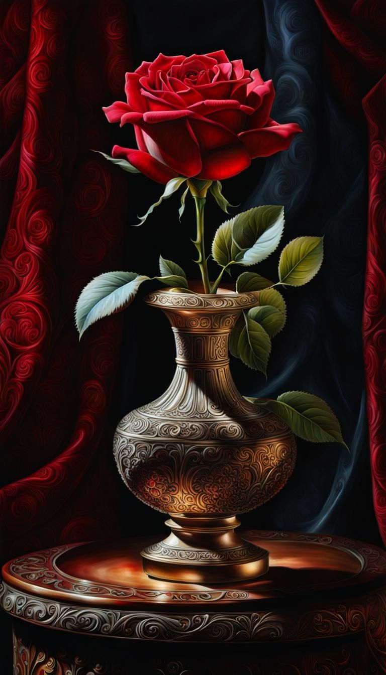Hyperrealistic Damascus Rose Still Life in Moonlight