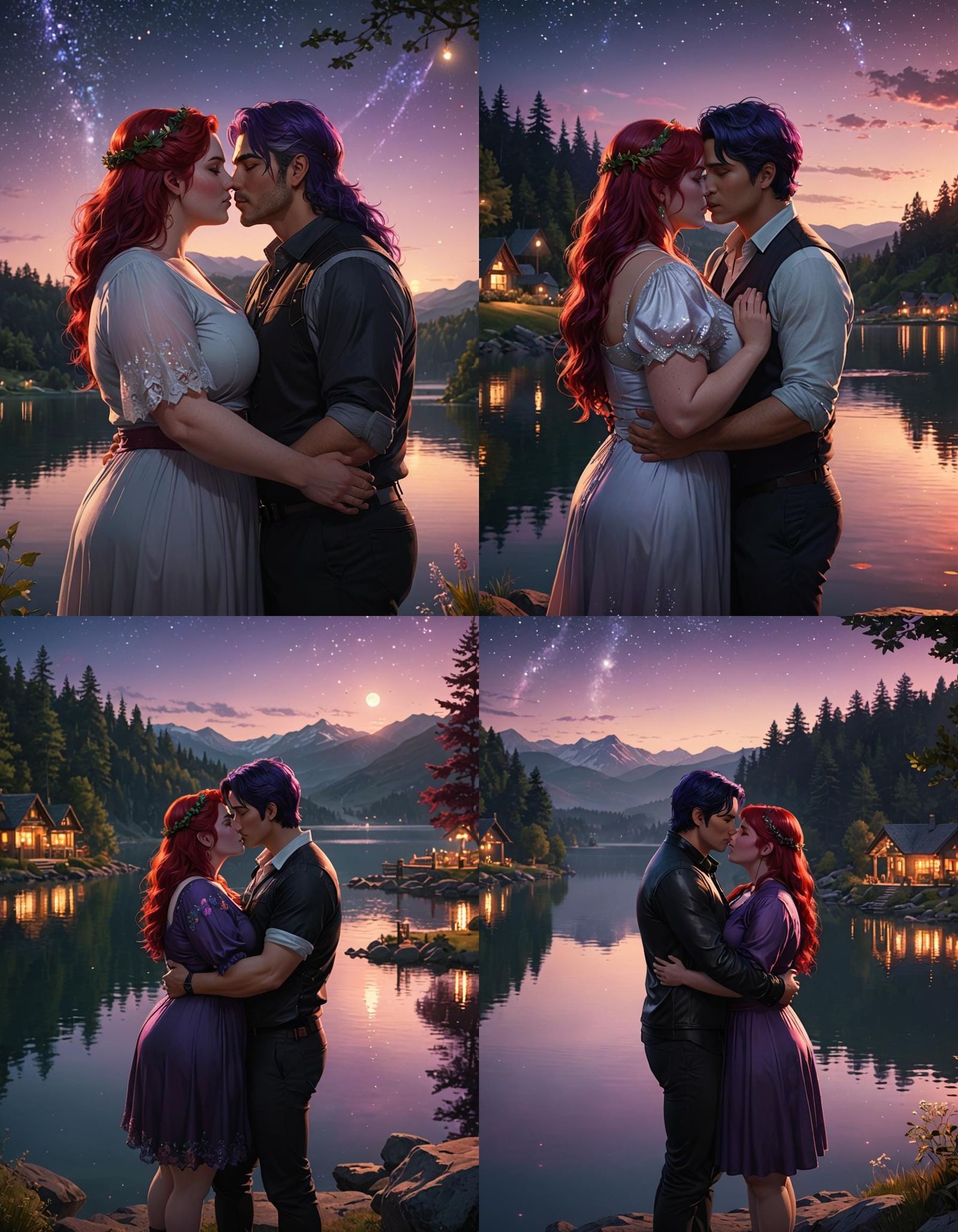 Man Embracing Two Women in Serene Lakeside Scene