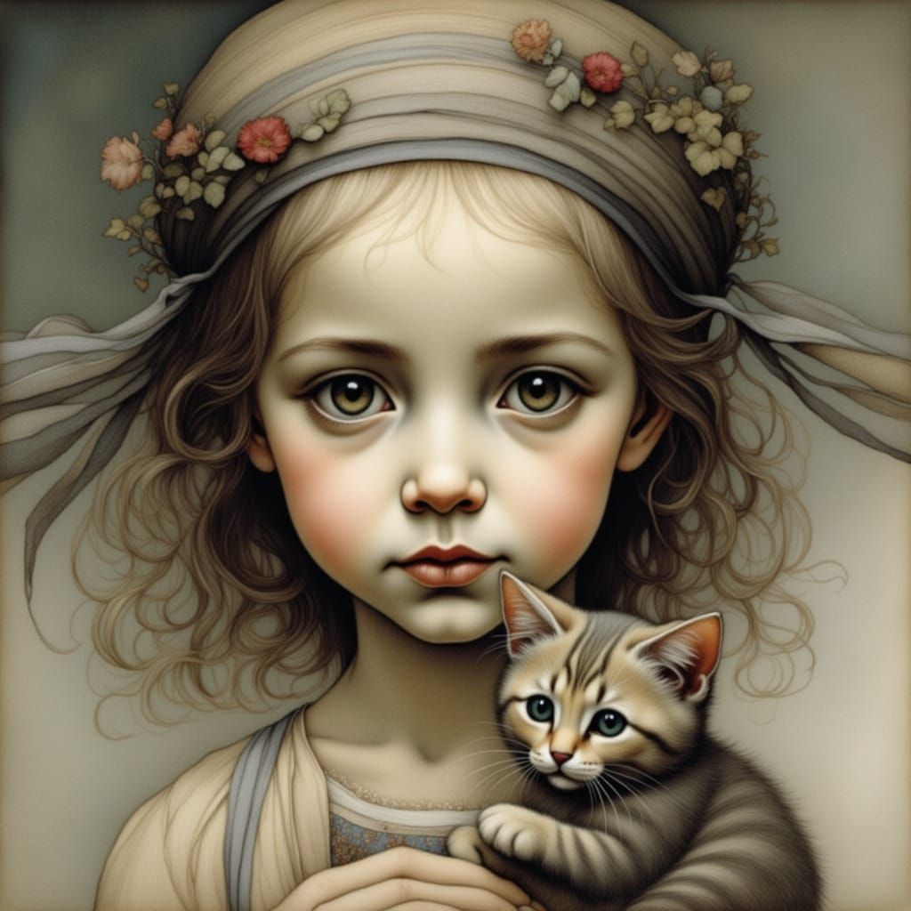 Delicate Portrait of a Young Girl and Her Feline Companion