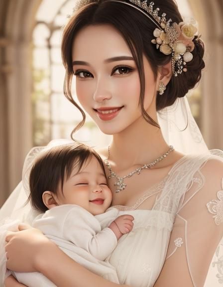 Joyful New Mother and Baby in Ethereal Style