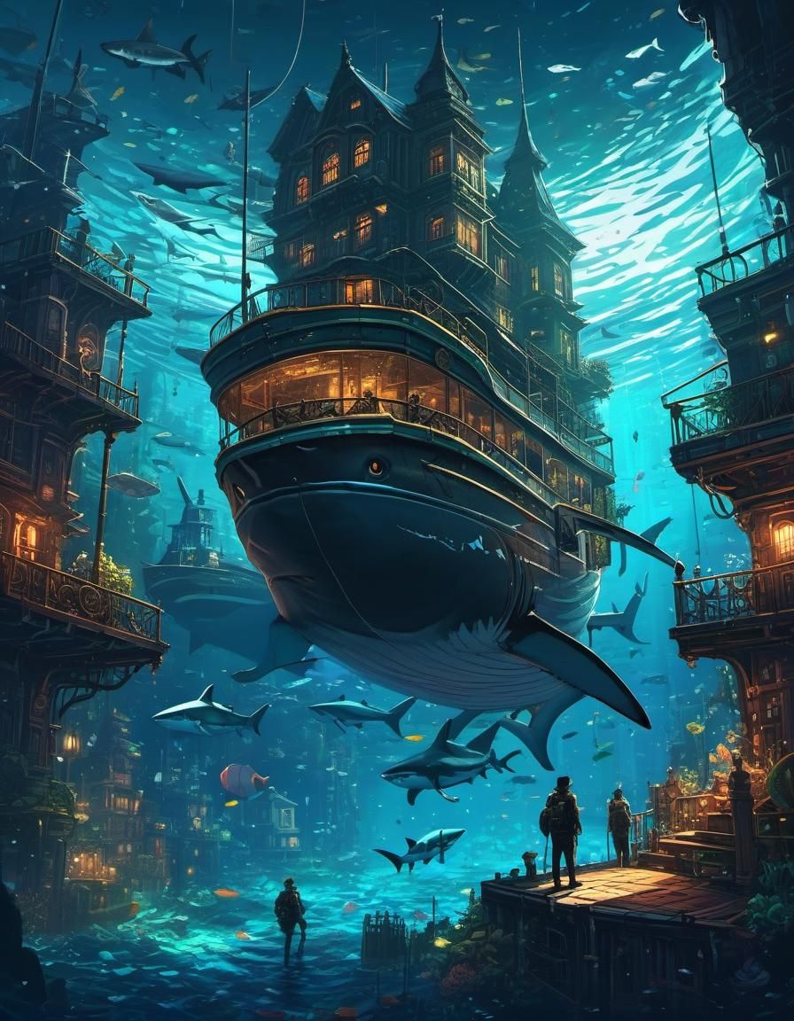 Steampunk Shark City in 16-bit Pixel Art