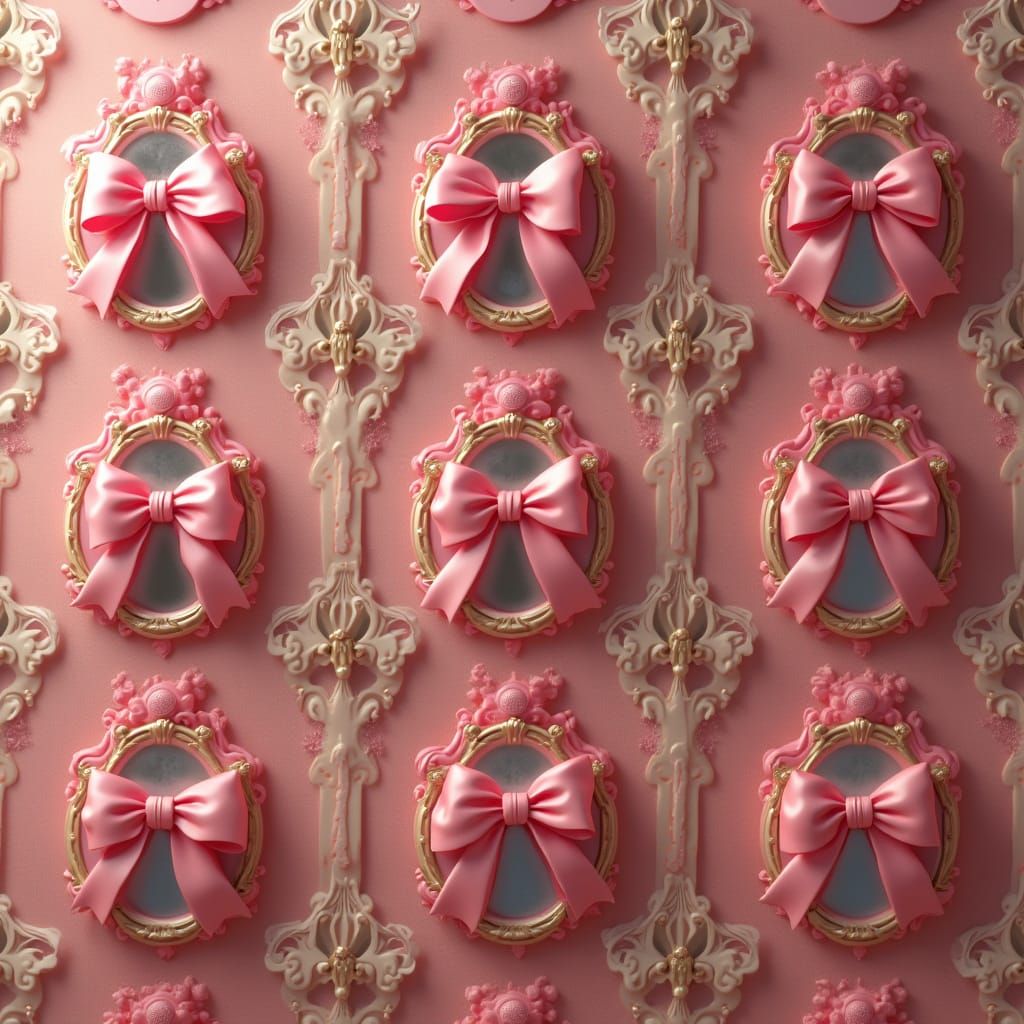 Ornate Mirrors with Pink Bows in Whimsical Rows