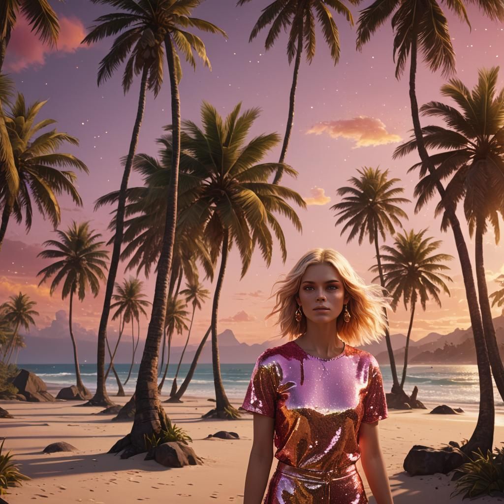 Glittering Sunrise Beach with Crystalline Accents