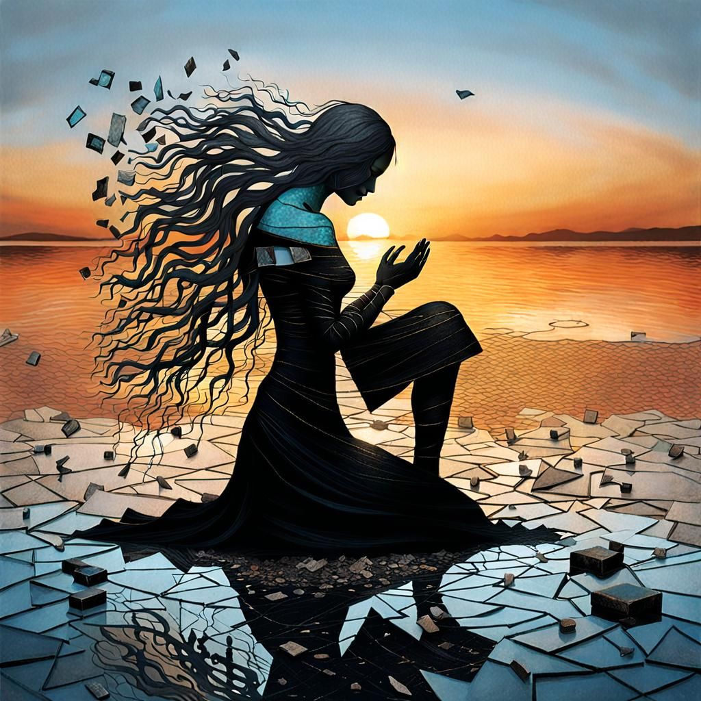 Surreal Fragmented Sculpture of Woman at Sunset