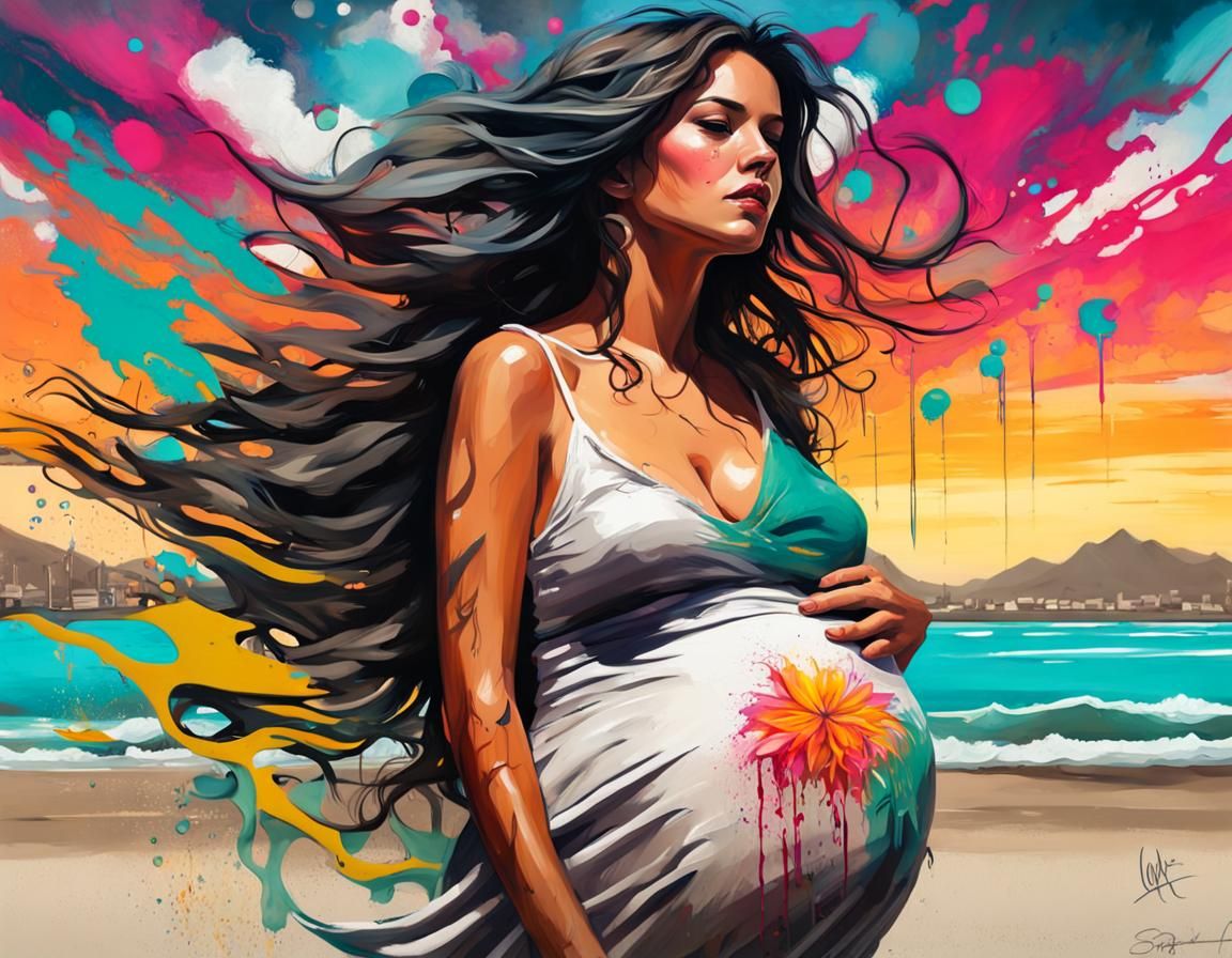 Pregnant Woman on Beach in Graffiti Art Style