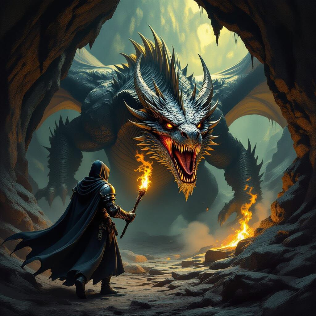 Knight Confronts Dragon in Dark Cave