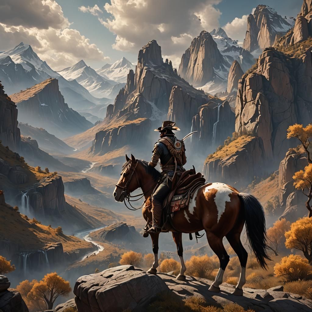 Native American Brave on Pinto Horse in Mountains