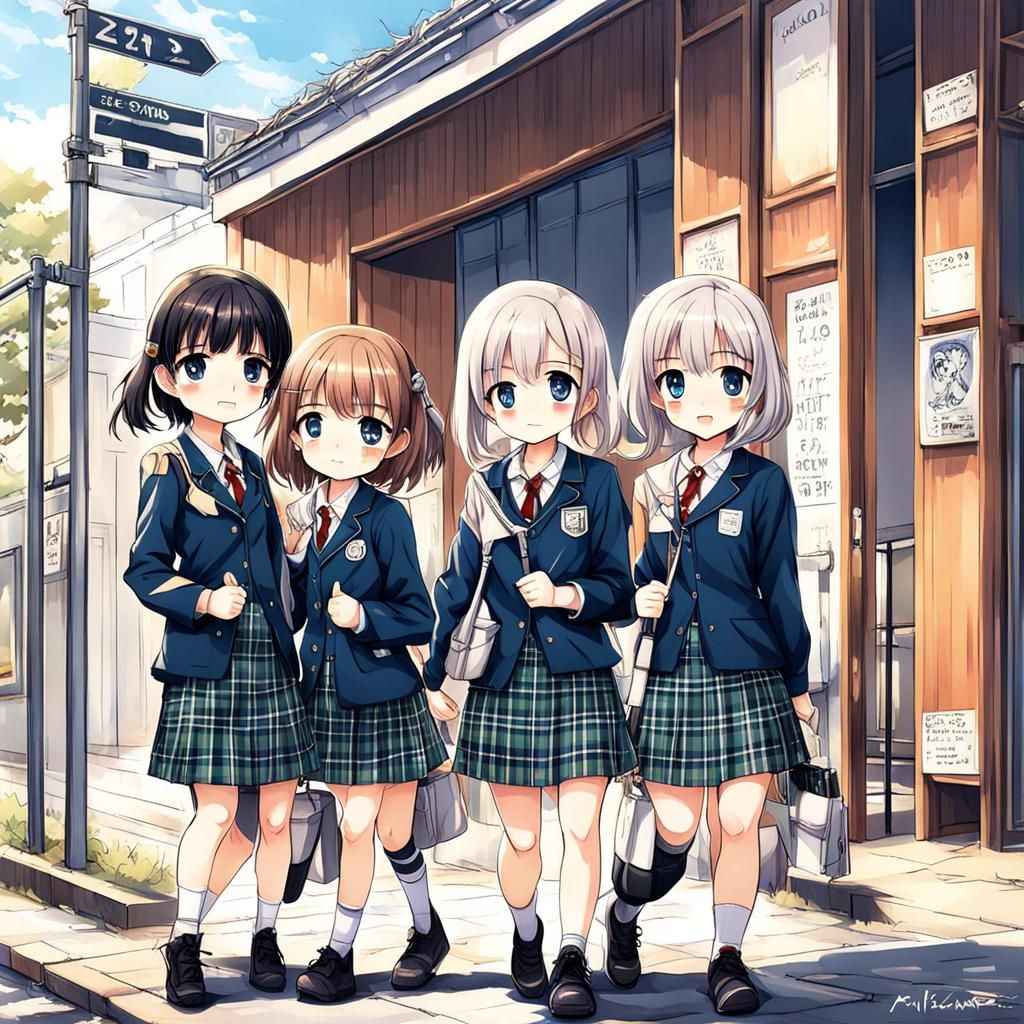 Chibi Schoolgirls in Plaid Uniforms, Anime Style