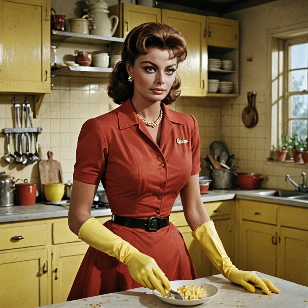 1950s Housewife in Red Dress, Wearing Yellow Gloves, in a Cl...