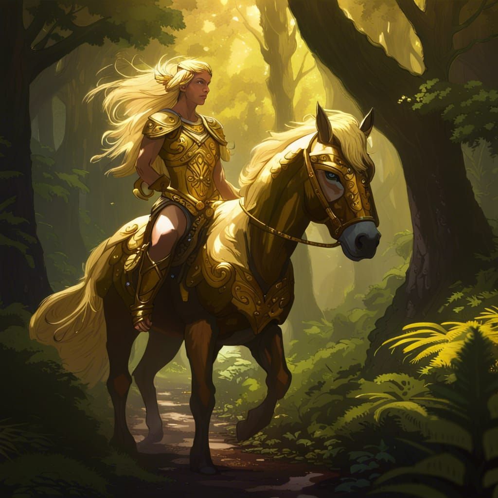 Golden Armored Centaur in Lush Forest