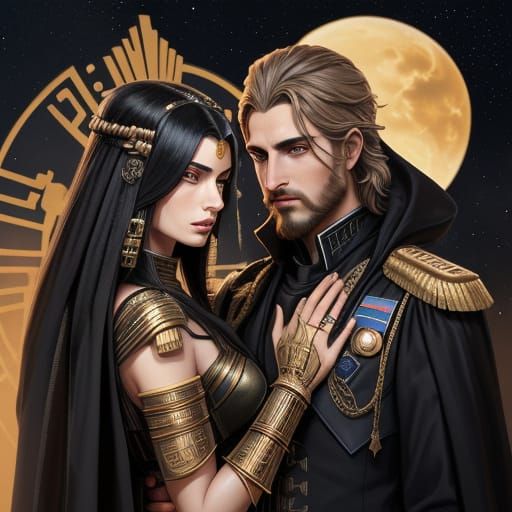 Futuristic Isis and Dionysus Embrace on Space Station