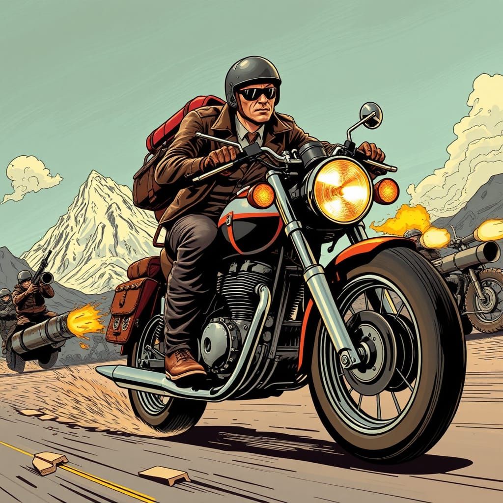 Motorcyclist with Bazooka Evades Attack in Comic Style