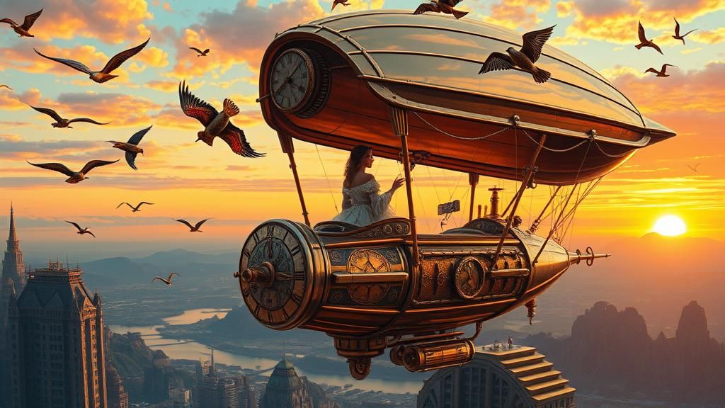 Steampunk Dirigible at Sunset with Clockwork Birds