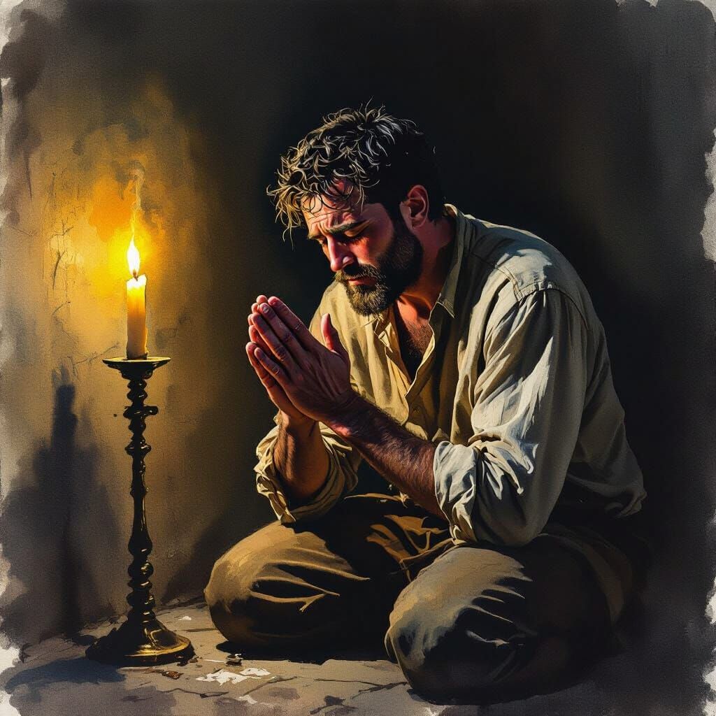 Distressed Father Prays to God in Dramatic Light