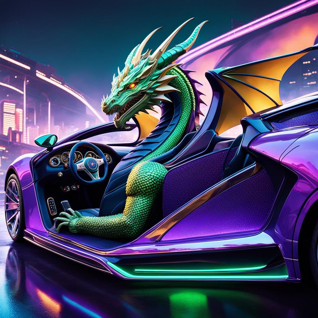Dragon Driving Bugatti in Cyberpunk Style