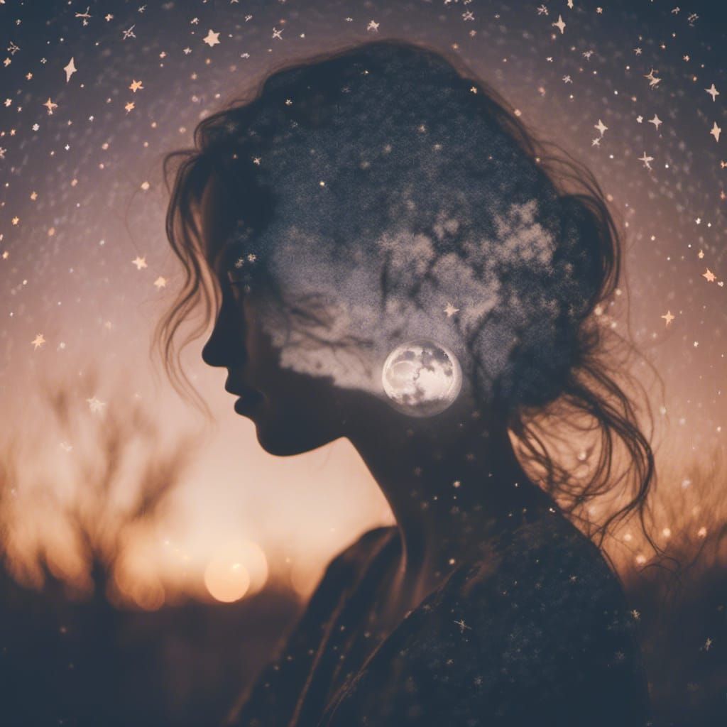 silhouette of a woman's face  exquisite  moon stars double e...