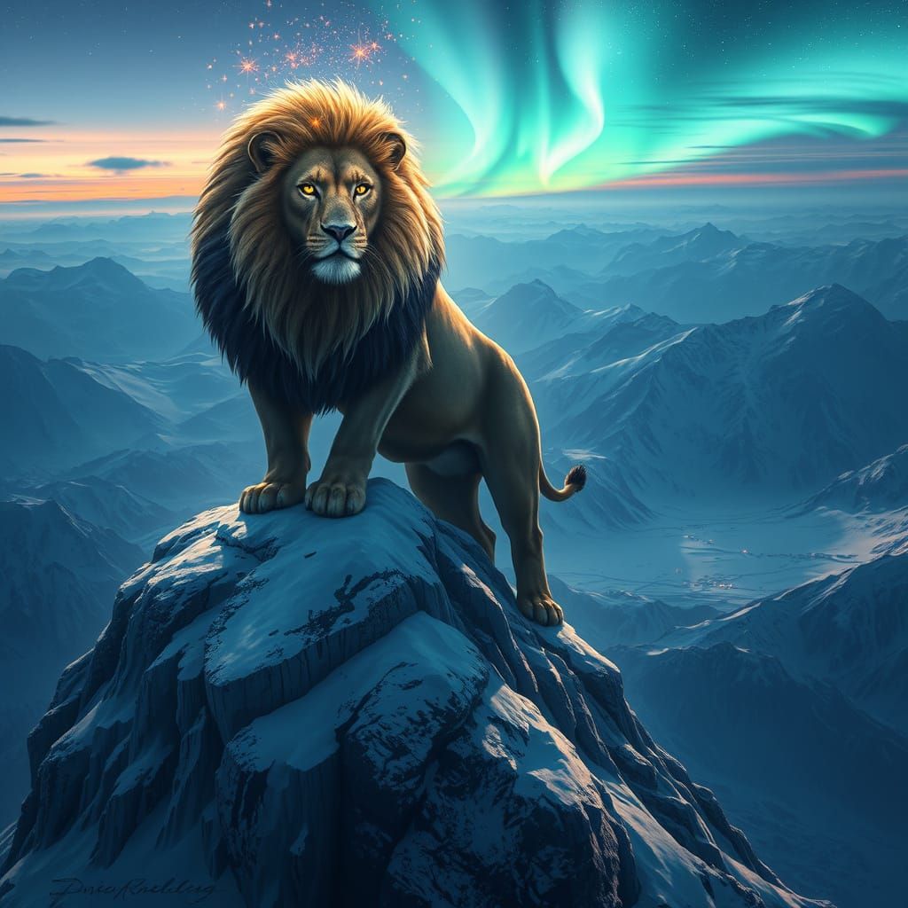 Starlight Lion atop Frozen Mountain Peak