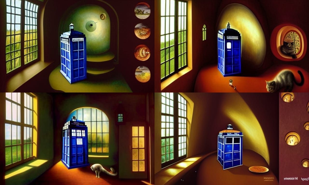 Dome House with TARDIS and Cats in Surreal Style