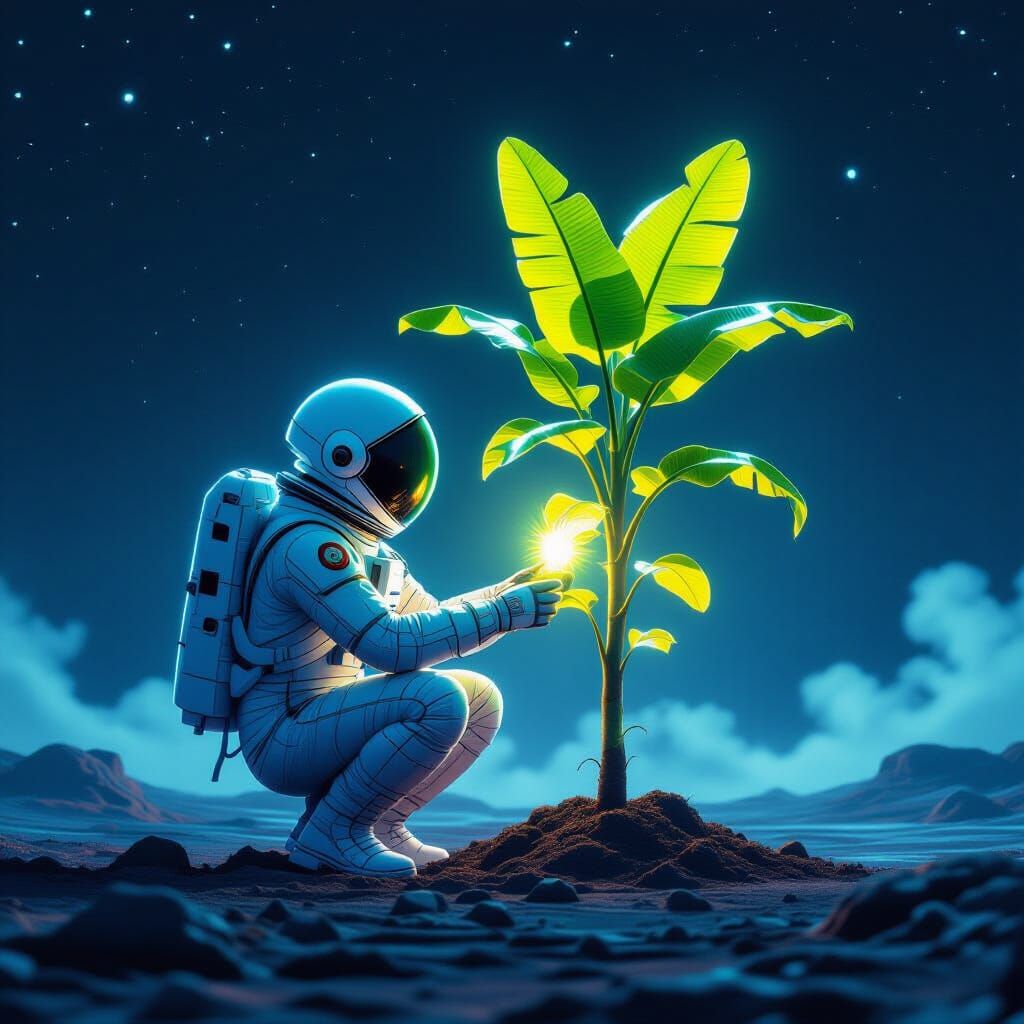 Astronaut Planting Bioluminescent Tree in Futuristic Style