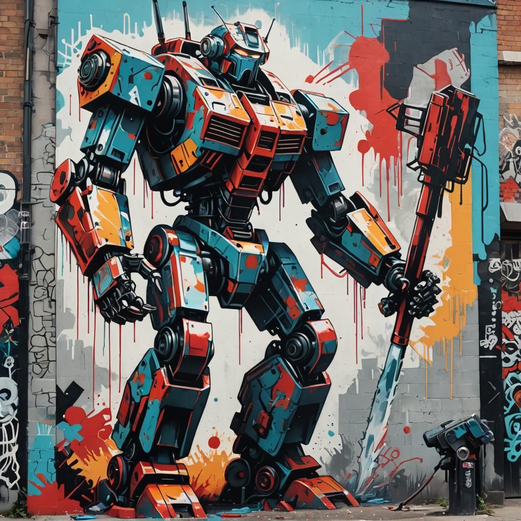 Mecha Robot Battle in Urban Street Art Style