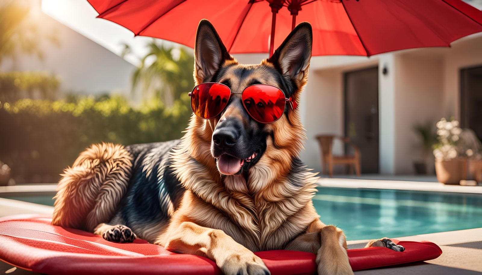 German Shepherd Poolside Relaxation in Splash Art Style