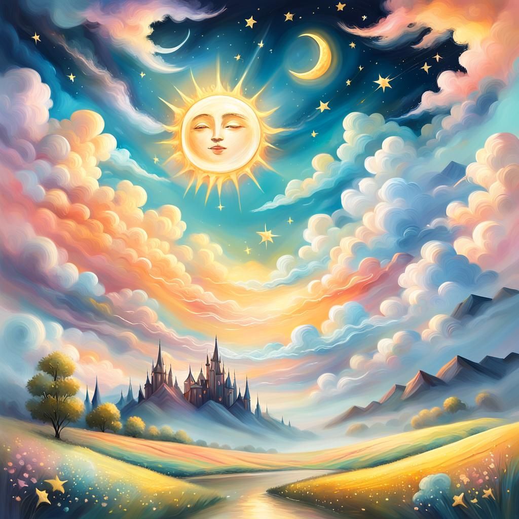 Dreamy Landscape with Sun, Moon and Stars
