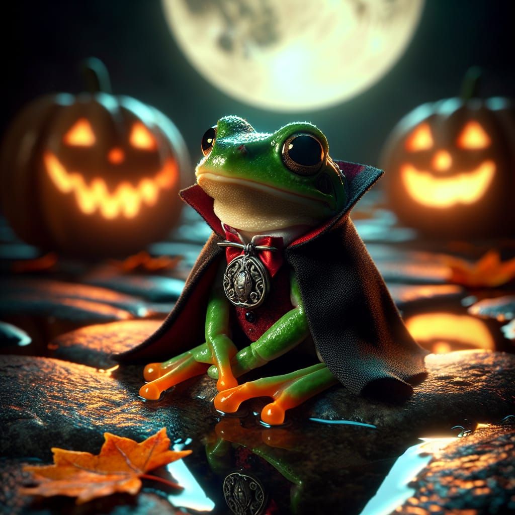 Vampire Frog on Cobblestones Under Full Moon