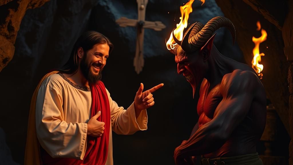 Jesus Teases the Devil in a Dark Cave