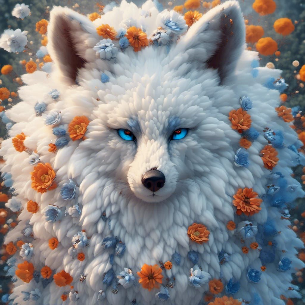 Cloud Fox with Flower Crown and Blue Eyes