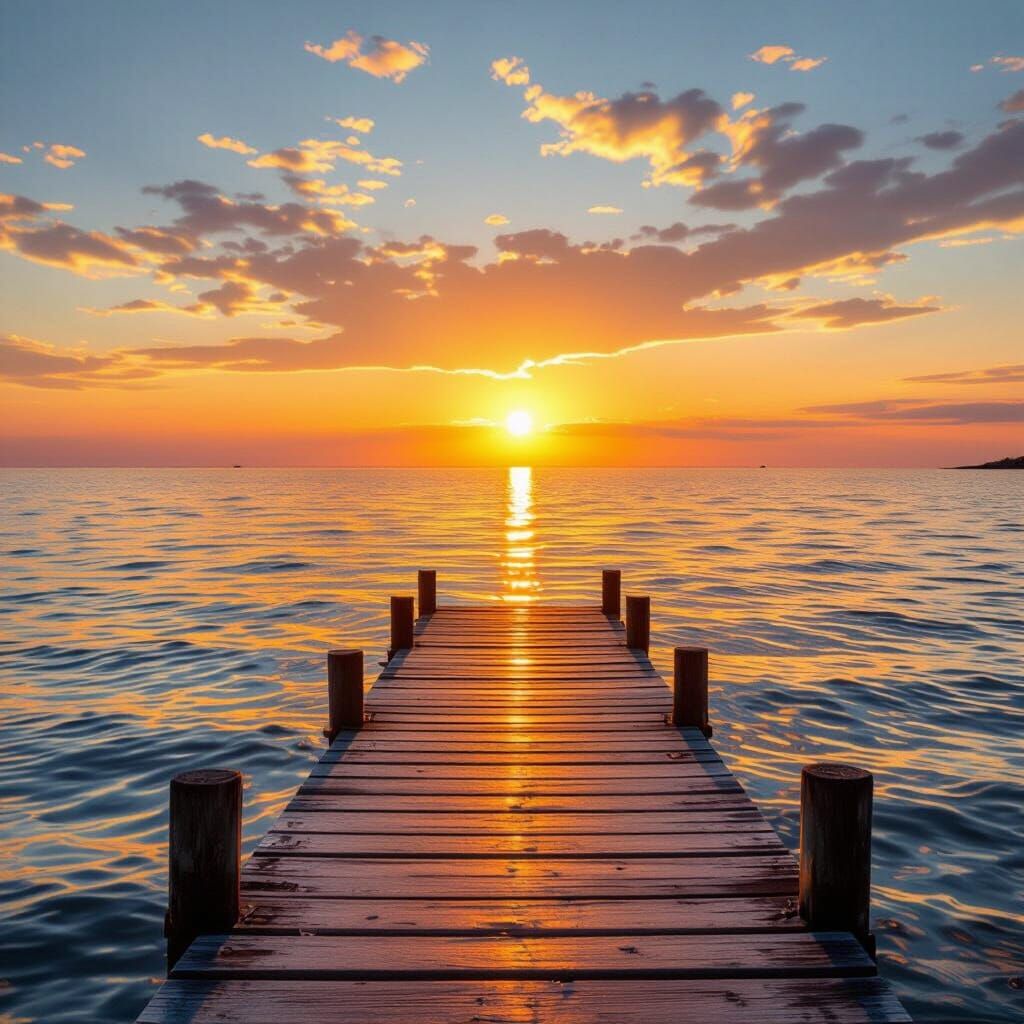 Serene Beach Sunset Dock in Golden Light