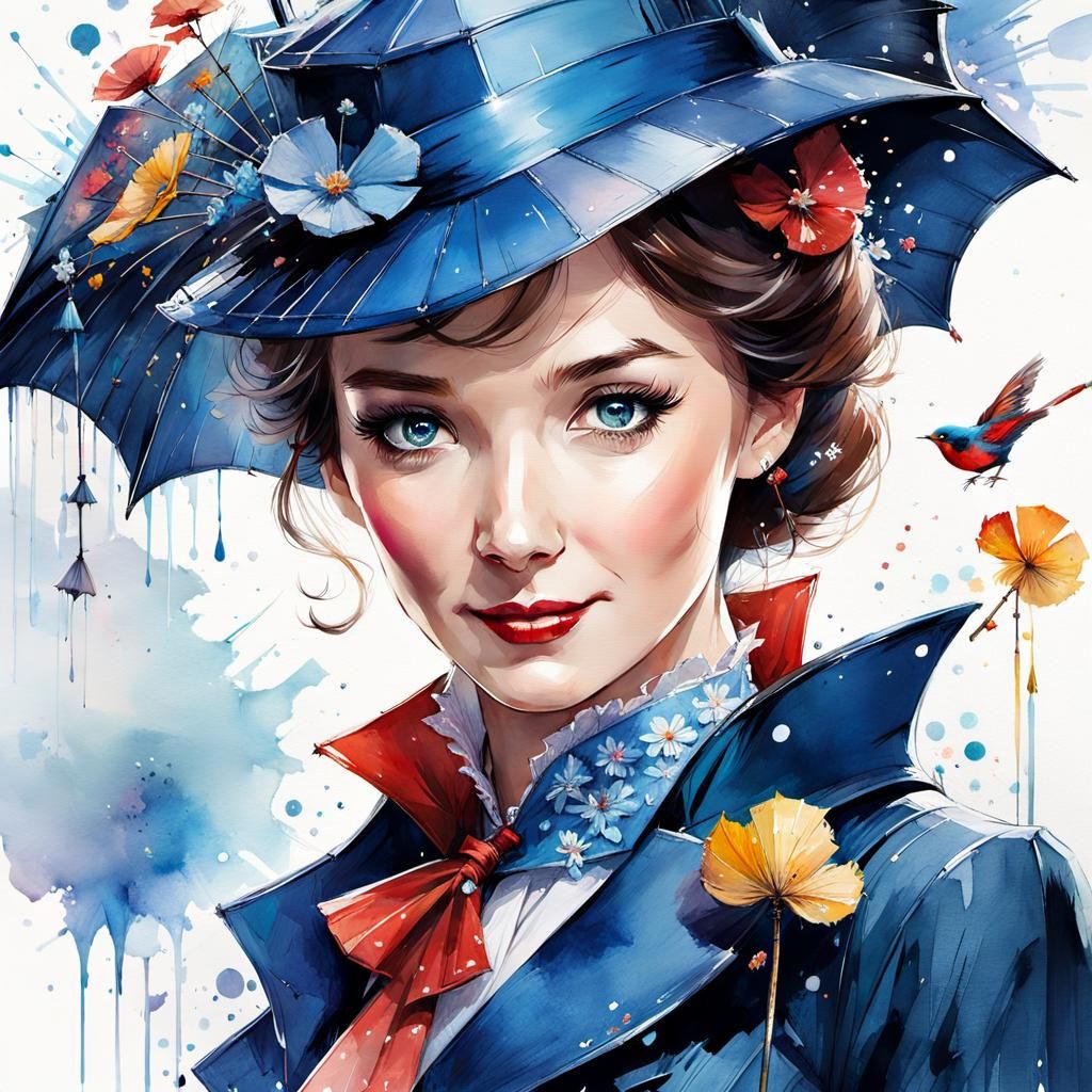 Charming Mary Poppins Watercolor Manga Illustration