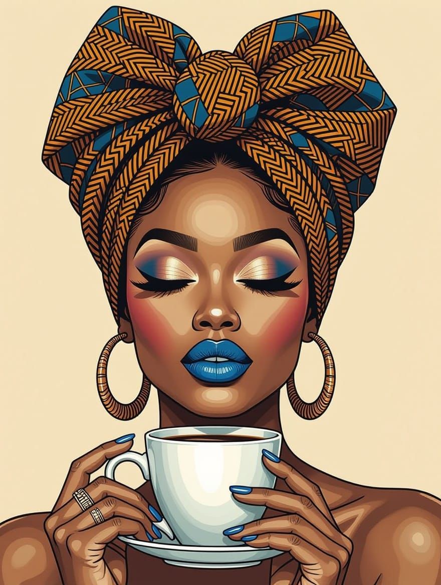 Stylized Portrait of Woman in Headwrap, Mixed Media Illustra...