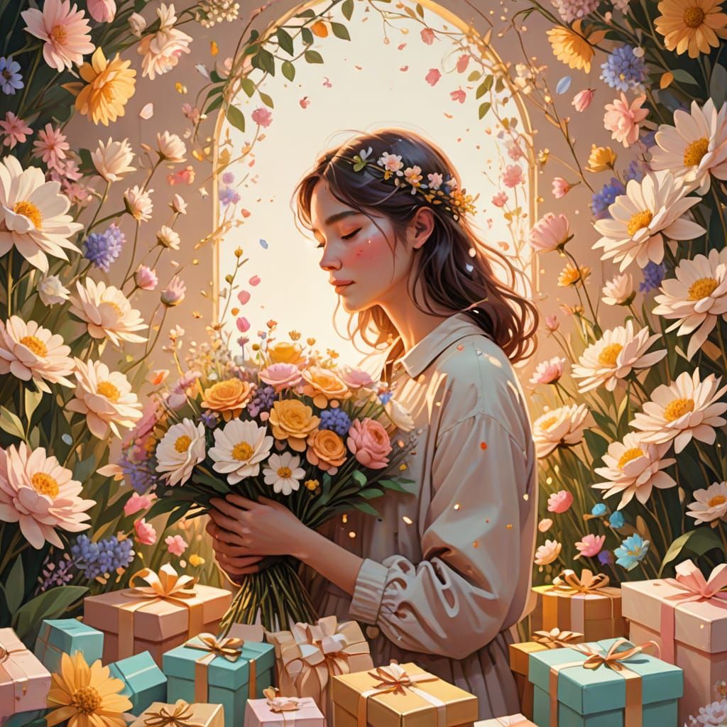 Person Surrounded by Flowers in Dreamy Digital Art