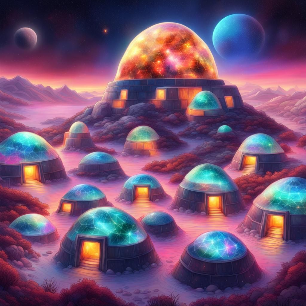 Glowing Igloos in Astral Cosmic Illustration