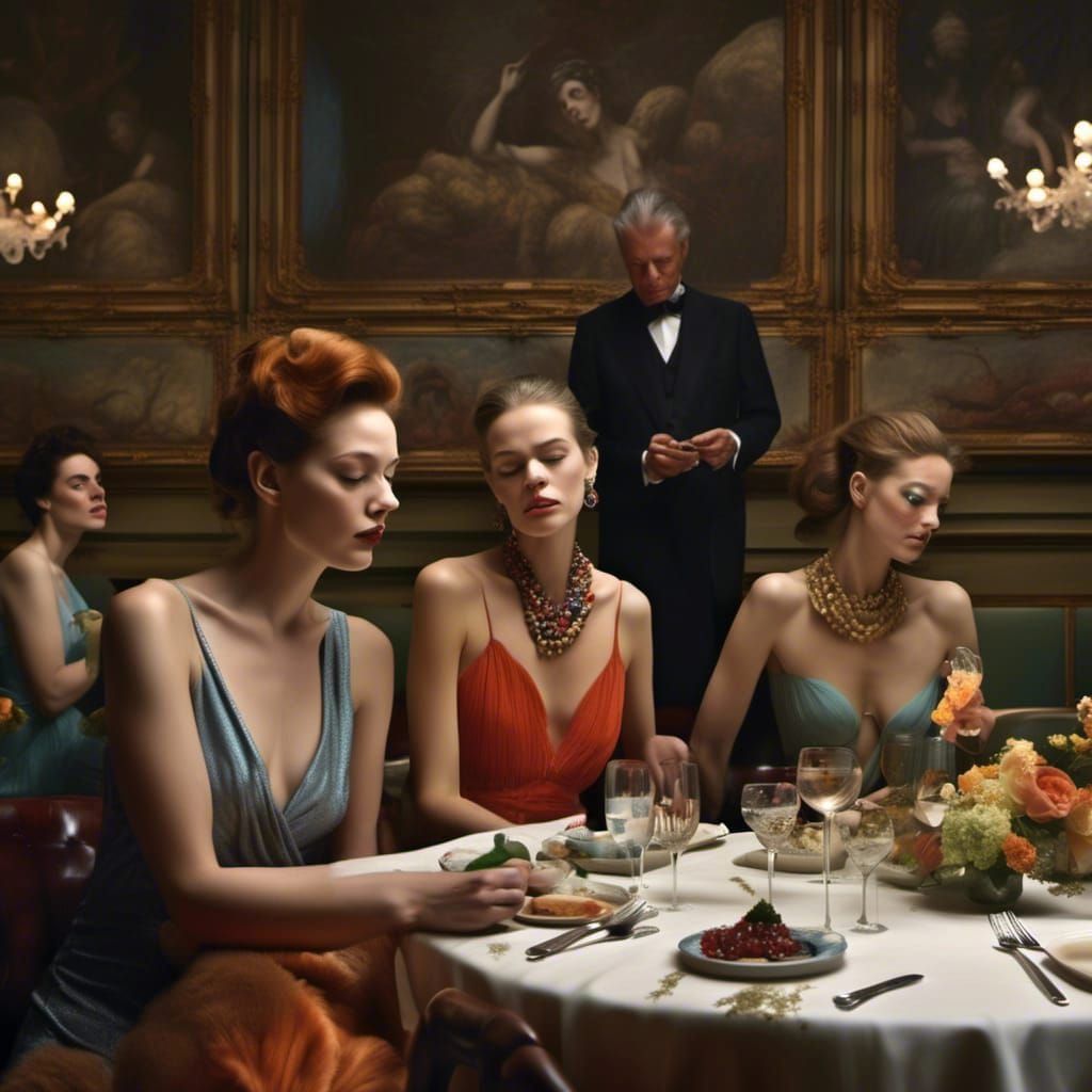 Polychromatic Restaurant Scene: Women in Evening Wear