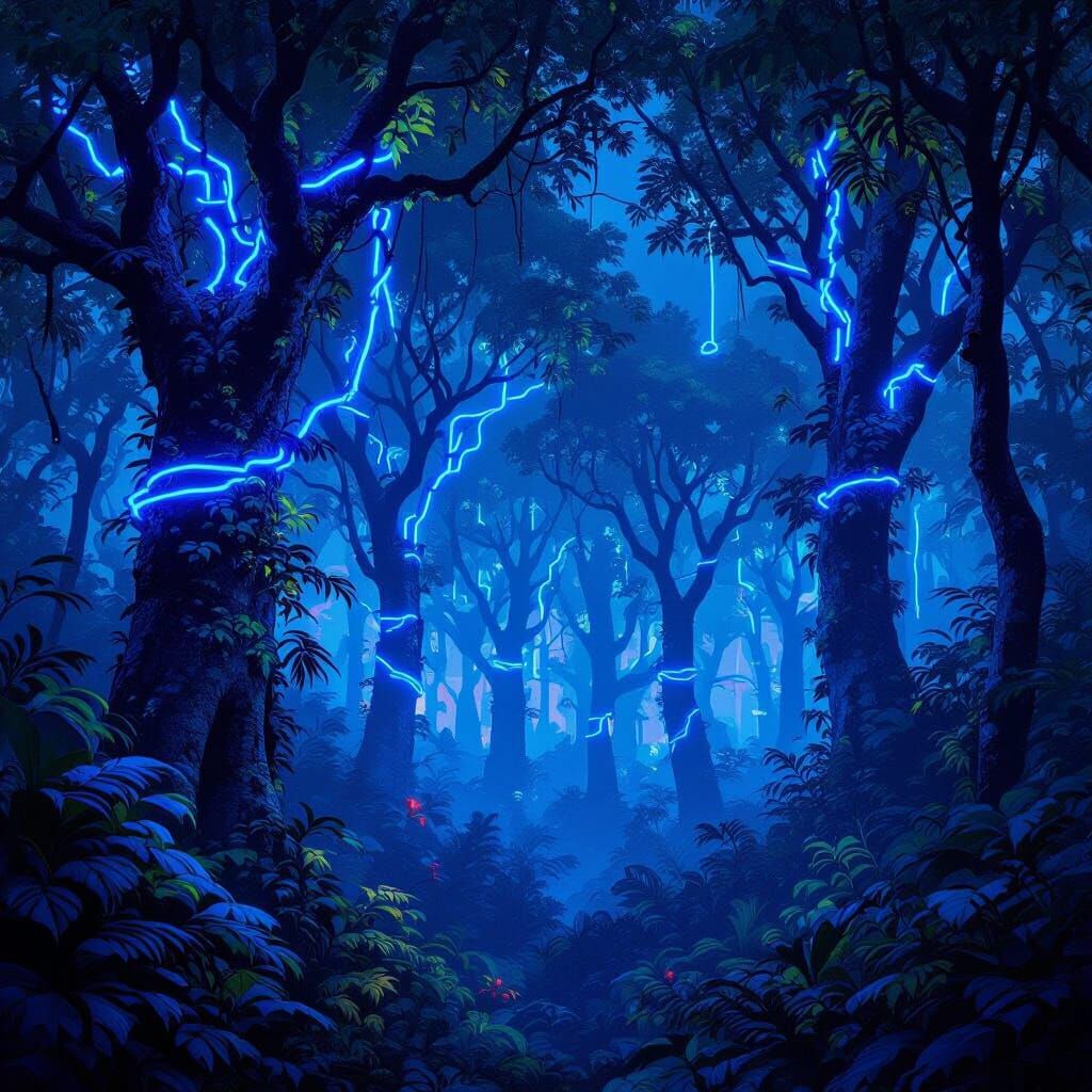 Neon Blue Jungle at Night with Ethereal Glow