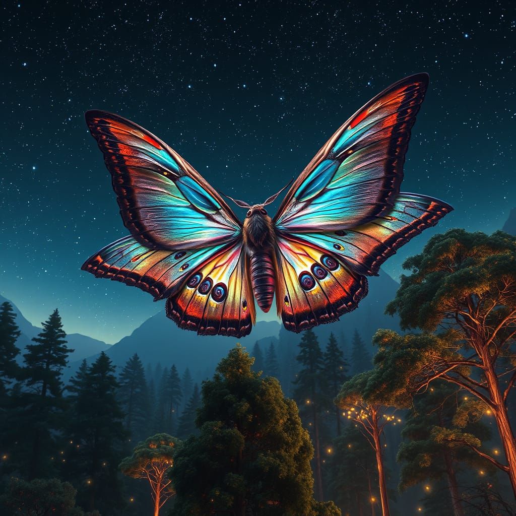 Majestic Iridescent Moth in Breathtaking Starry Night Landsc...