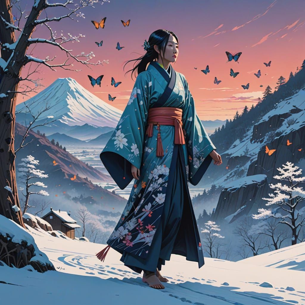 Surreal Yuki-onna Walks Serenely Amidst Bioluminescent Butte...