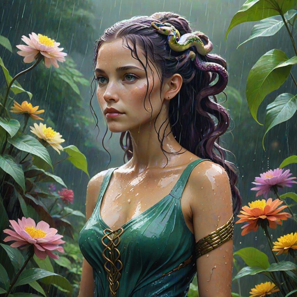 Gorgon in Rainy Garden, Surreal Pastel Art
