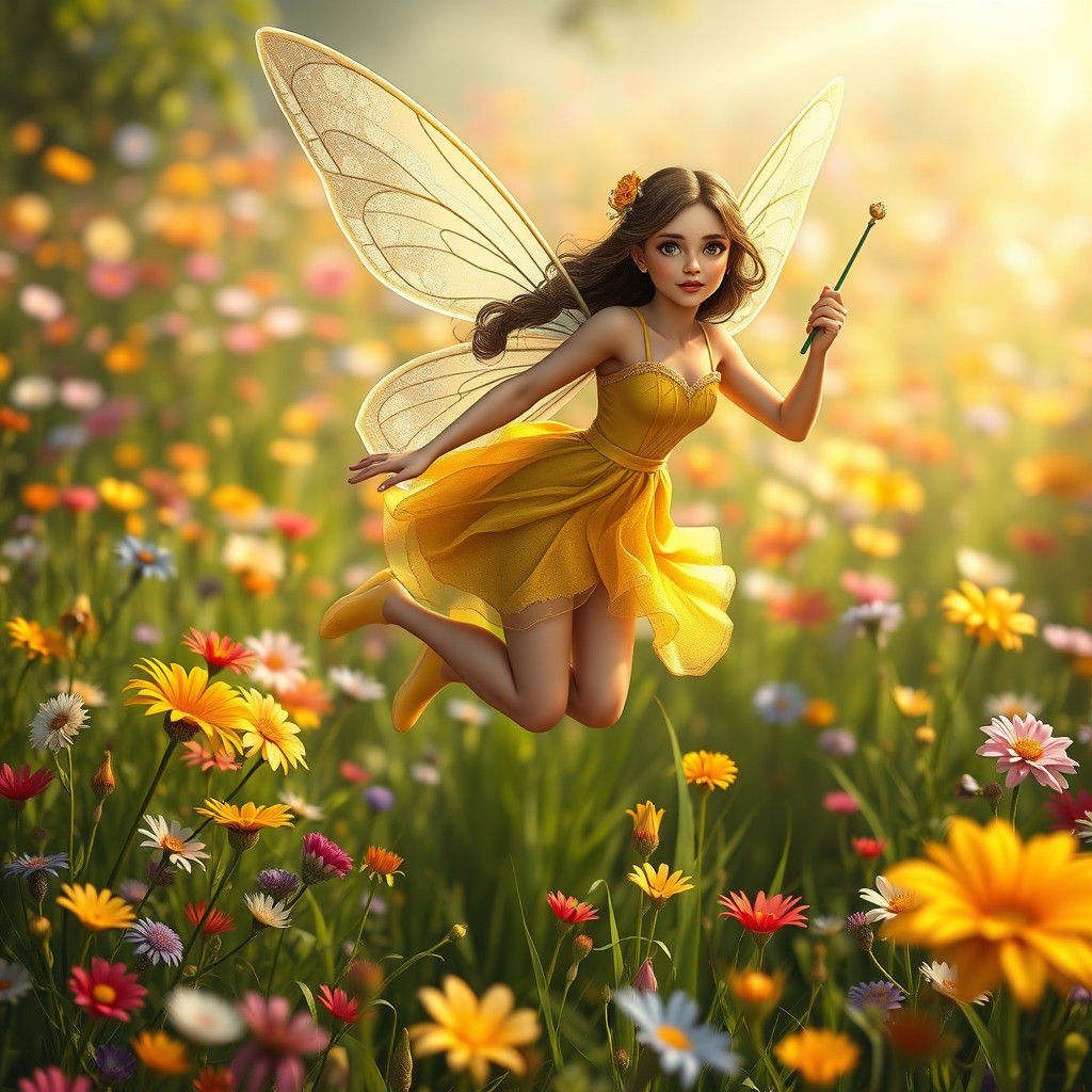Hispanic Fairy Flying Through Flower Meadow