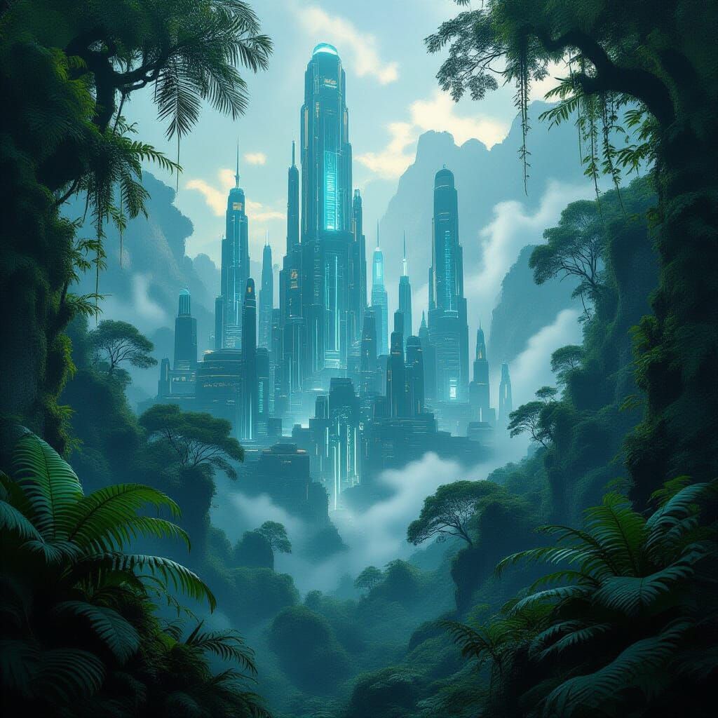 Bioluminescent Alien City surrounded by Jungle