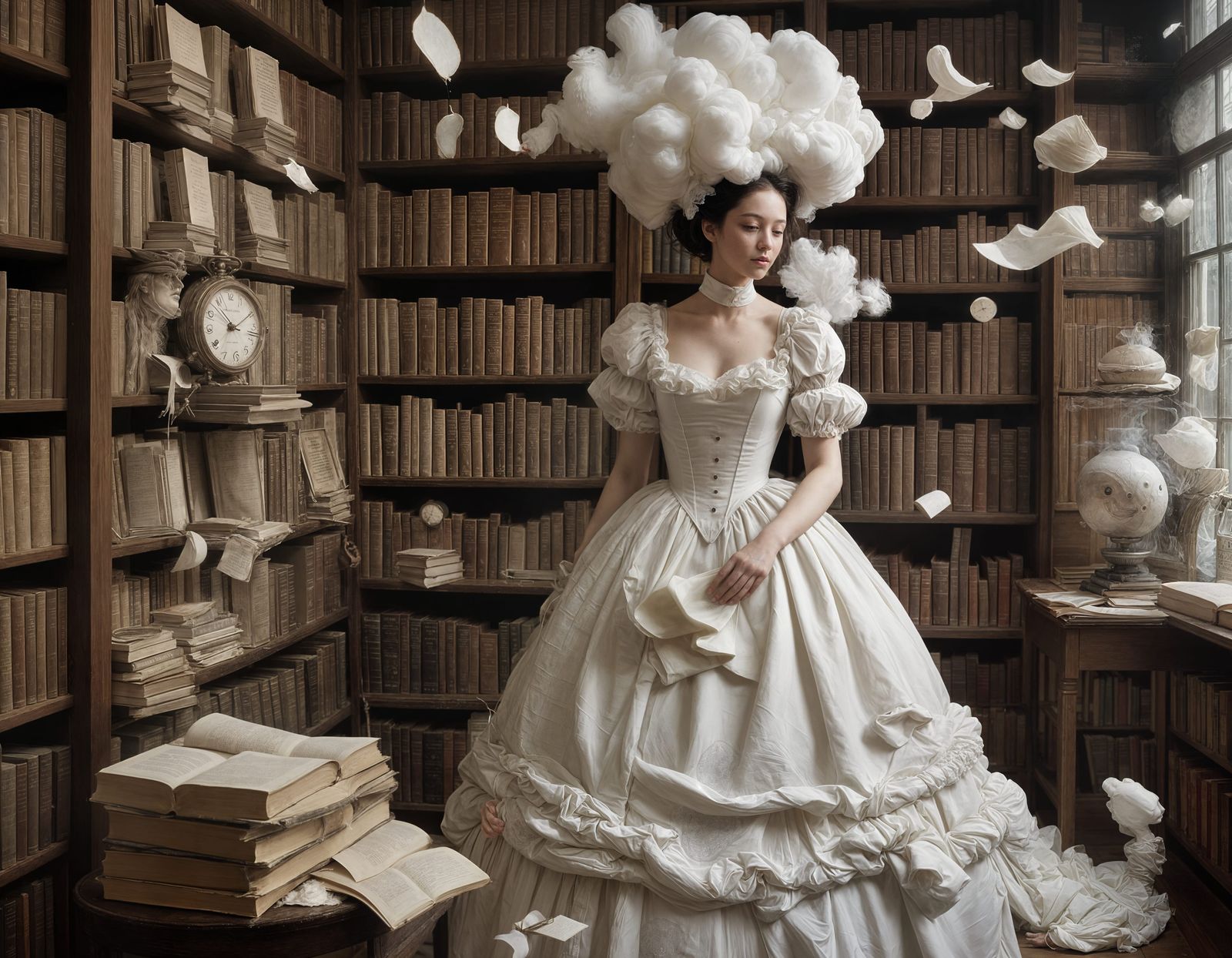 Surreal Library Scene with Melting Clocks and Salamander Mag...