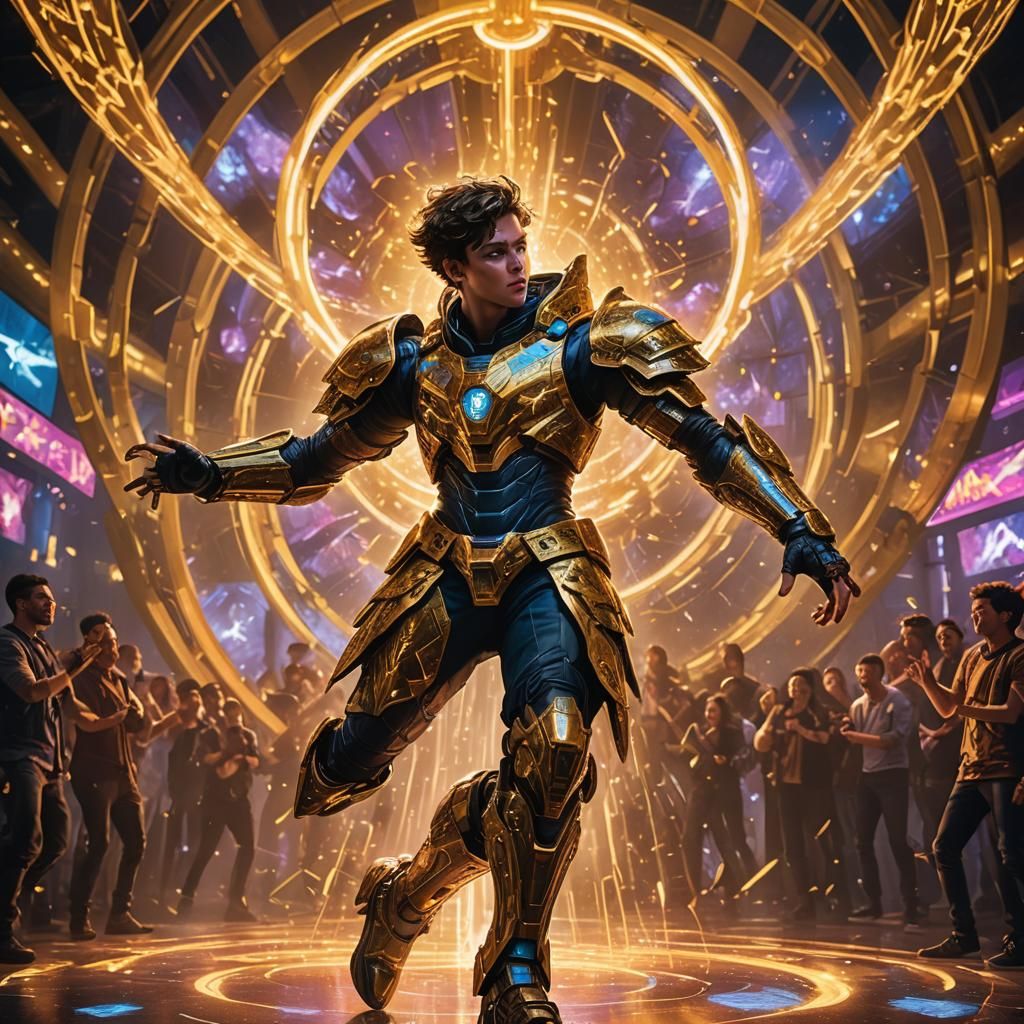 Boy on Esports Stage in Sci-Fi Fantasy Dreamscape