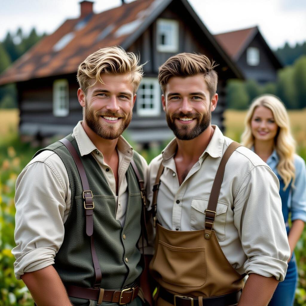 Two Men Posing at Farm in Pre-Raphaelite Style