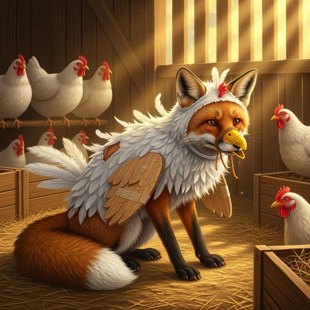Sly Fox in Chicken Costume Hides in Farmyard Henhouse