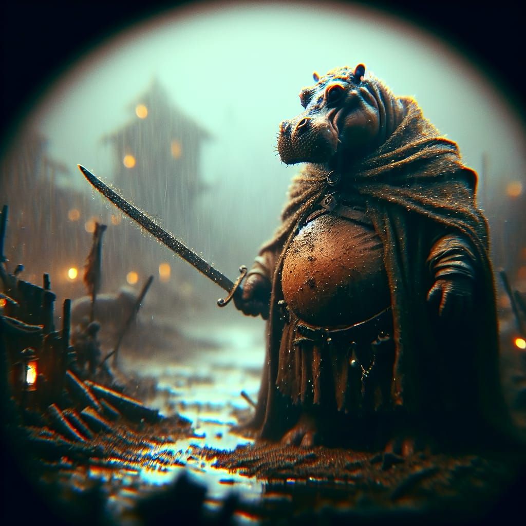 Armored Hippo in Wasteland Hamlet, Gothic Horror Style