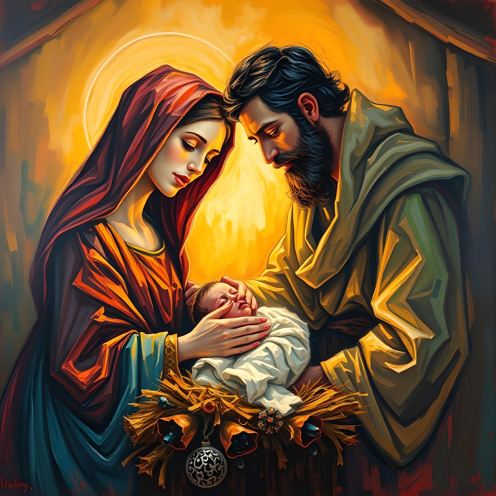 Mary and Joseph with Baby Jesus: Neo-Impressionist Oil Paint...